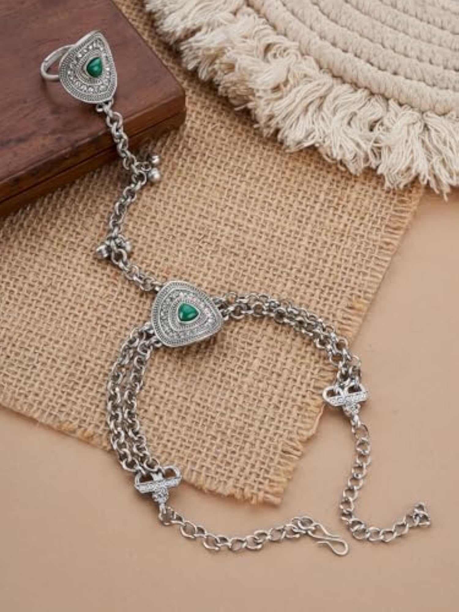 Akaaya Silver Green Hathphool Anklet, Traditional Charm